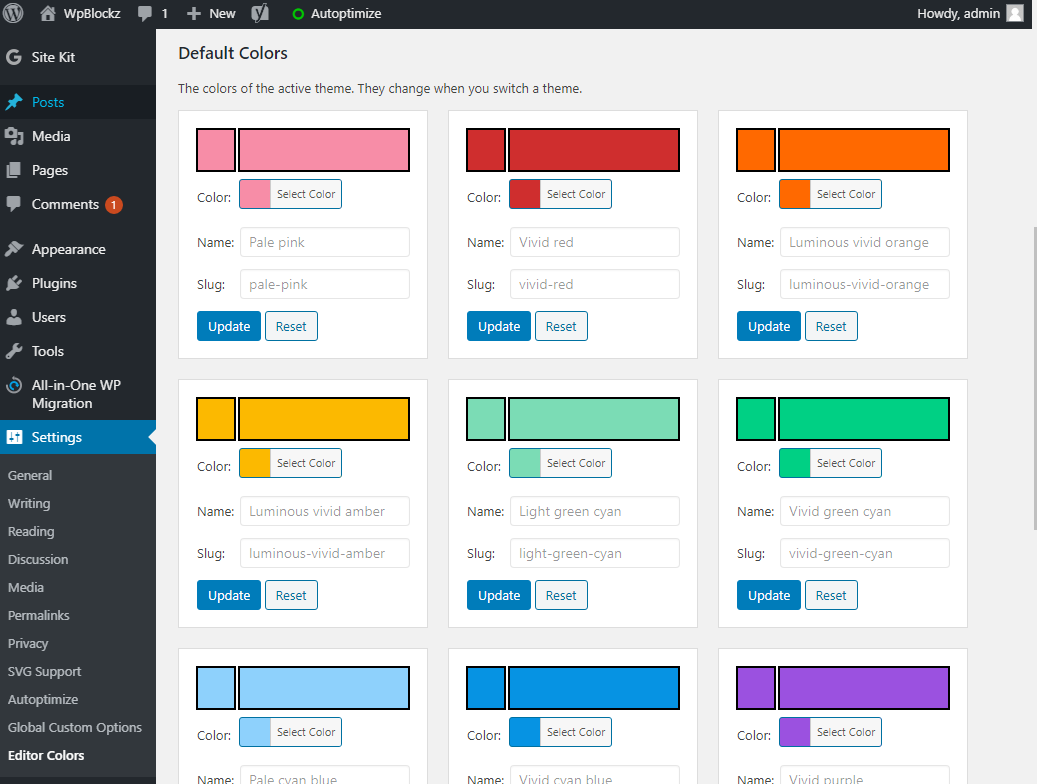Option page of the 'Block Editor Colors' plugin.